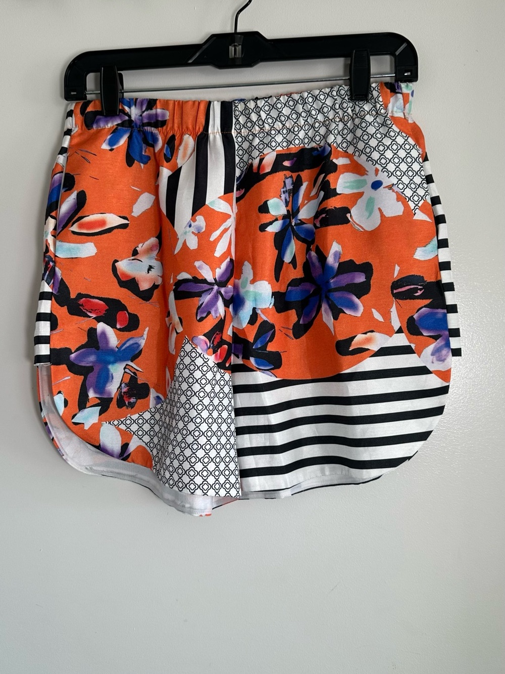 Clover Canyon Orange, Black & White Mixed Floral-Geo Shorts